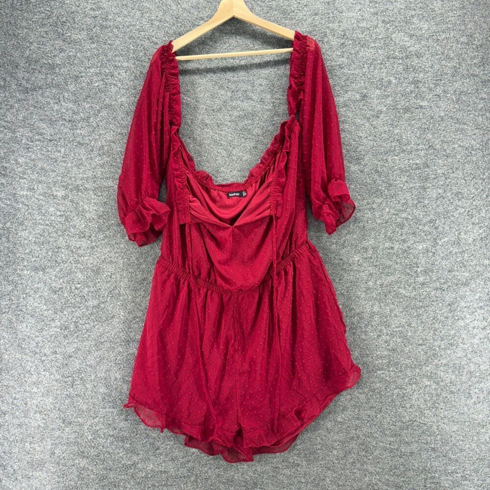 Boohoo Jumpsuit Women 18 Plus Red Polka Dot Embroidered V-Neck Tasseled Lined